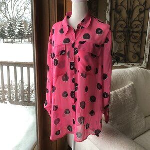 I Heart Ronson Size L long Sleeve Sheer Blouse Black and Pink